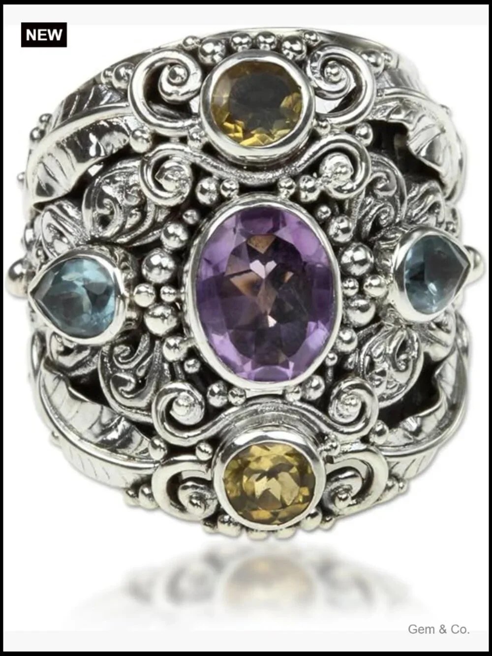 Sterling Silver Amethyst Blue Topaz Cocktail Ring Size 8 Handmade Bali